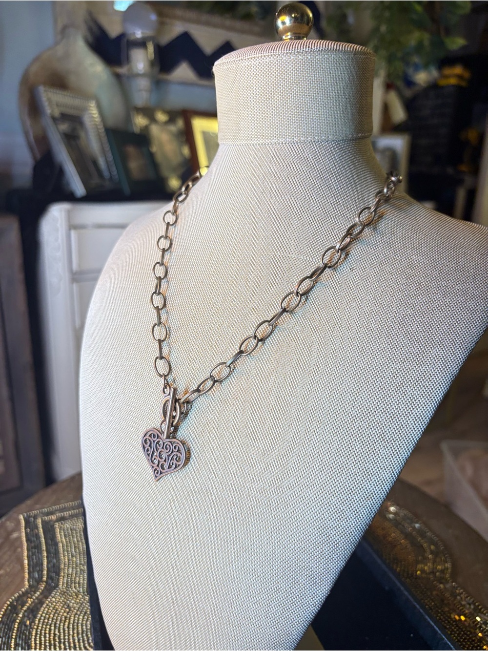 Antique Gold Tone Heart Pendant Necklace Filigree Toggle Chain Boho Costume Jewe